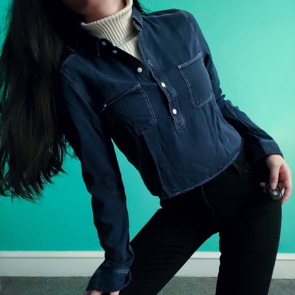 H&M Lyocell Navy Blue Cropped Long-Sleeve Collared Shirt